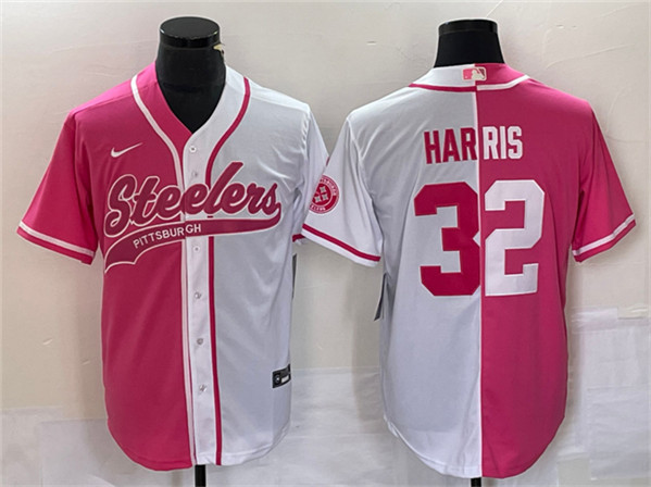 Men's Pittsburgh Steelers #32 Franco Harris White Pink Split Cool Base Stitched Baseball Jersey